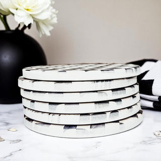 Luxury ceramic drink coasters courtly check black white checkered gingham pattern floral design cork backing
dark academia ceramic coasters courtly check black white checkered pattern luxury floral cork back decor