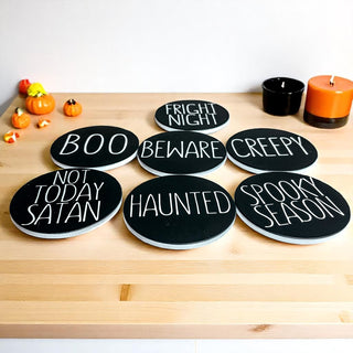 Microwave and dishwasher safe Halloween coasters with protective cork base
Mix and match Halloween coaster collection from Gia Roma's seasonal decor lin
Halloween coasters styled for luxury seasonal entertaining
Spooky coaster collection perfect for Halloween parties