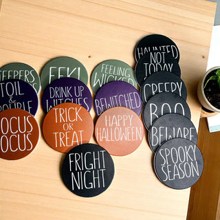 Drink Up Witches purple ceramic coaster for Halloween parties
Feeling Wicked green Halloween coaster with cork protection
Complete set of Halloween saying coasters in multiple colors