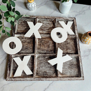Rustic tabletop tic tac toe board with removable pieces
Handcrafted wooden XO game farmhouse coffee table decor
Complete wooden tic tac toe game board with X and O pieces
Rustic farmhouse tic tac toe board game full set display