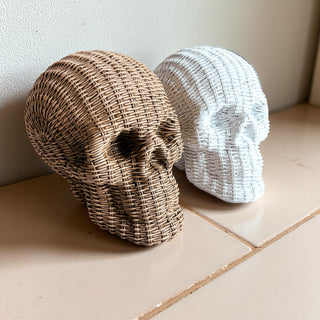 luxury skull decor rattan basketweave style resin neutral brown white halloween fall table accent wicker look
