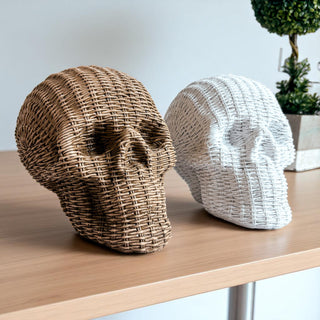 boho halloween decor resin skull heads rattan basketweave style neutral brown white fall gothic accent wicker texture
Year-round skull decor
Rattan style Halloween
Designer skull statue
