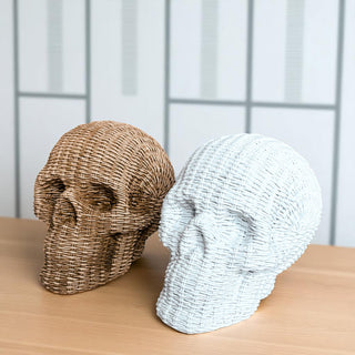 weather resistant skull decor rattan basketweave style resin neutral brown white halloween fall durable gothic accent