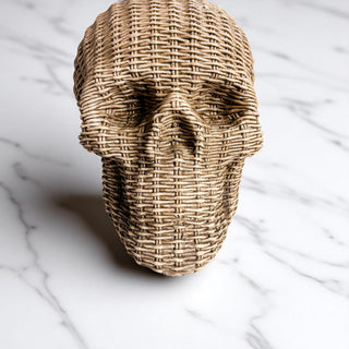 indoor outdoor skull heads rattan basketweave texture neutral brown white halloween fall decor wicker style
designer skull heads rattan basketweave style resin neutral brown white halloween fall table accent wicker look