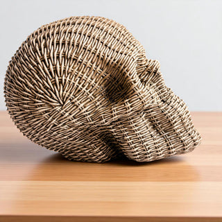 durable resin skull decor rattan basketweave style neutral brown white halloween fall table accent wicker texture