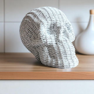 designer spooky decor resin skull heads rattan basketweave style neutral brown white halloween fall wicker look
upscale halloween skull decor rattan basketweave texture neutral brown white fall gothic accent wicker style