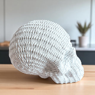 natural finish skull decor rattan basketweave style neutral brown white halloween fall gothic accent wicker texture
neutral tone skull heads rattan basketweave texture brown white halloween fall decor gothic accent wicker style