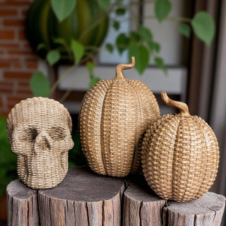 premium resin skull heads rattan basketweave texture halloween decor neutral brown white fall gothic accent wicker style
artisan skull heads rattan basketweave style resin halloween decor neutral brown white fall table accent