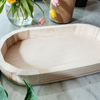 Bulk rustic wooden tray styled with pink flowers
natural wood decorative tray for shelf styling
oval wood trinket tray for modern rustic decor
lightweight Paulownia wood catchall for small items