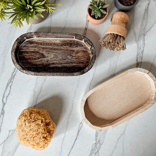 small wooden trinket tray on bathroom vanity
rustic distressed Paulownia wood dough bowl tray
natural wood jewelry holder dish on bedside table
farmhouse style wooden catch all tray for keys