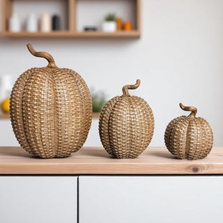 Wholesale Fall centerpiece resin pumpkins rattan basketweave style 3 sizes autumn table decor neutral pumpkin display