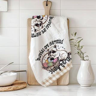 Hilarious raccoon dish towel stay feral Easter humor
Sassy Easter kitchen towel raccoon basket gingham
Clever raccoon towel bunnies overrated funny Easter
Humorous Easter dish towel raccoon eggs stay feral