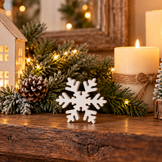 wooden snowflakes, farmhouse Christmas decor, white Christmas decorations, and tabletop holiday decor.