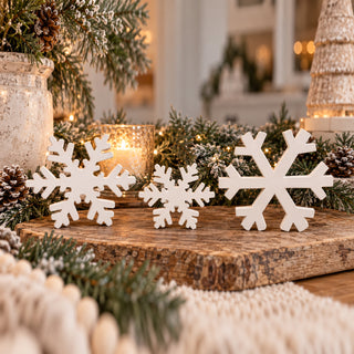 Wooden snowflake Christmas decor, snowflake decor set, white Christmas decor, farmhouse holiday decorations, rustic winter decor, and snowflake table decor.