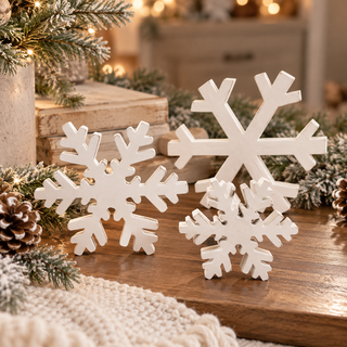 Wooden Snowflake Christmas Decor Set, White Farmhouse Holiday Decorations, Rustic Winter Snowflake Table Decor