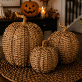 Cute Fall Decor for home, trending autumn decorations
Resin pumpkin set
Transitional fall decor
Natural look pumpkins
Fall centerpiece resin pumpkins rattan basketweave style 3 sizes autumn table decor neutral pumpkin display