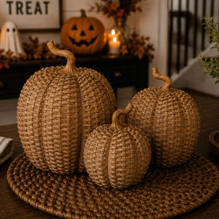Cute Fall Decor for home, trending autumn decorations
Resin pumpkin set
Transitional fall decor
Natural look pumpkins
Fall centerpiece resin pumpkins rattan basketweave style 3 sizes autumn table decor neutral pumpkin display