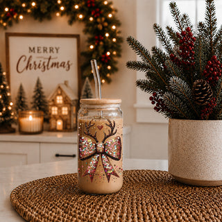 Coquette Christmas kitchen gifts glass cup 17oz - Glitter sequin reindeer bow tumbler bamboo lid glass straw - Holiday decor
Cyber Monday holiday gifts sparkly glass cup 17oz - Christmas glitter reindeer bow coffee tumbler bamboo lid
Glitter and sequin Christmas bow with reindeer antlers – holiday decor accent
