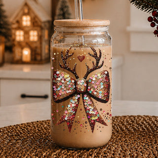 Last minute Christmas gifts glitter glass tumbler 17oz - Holiday sequin bow reindeer drinkware bamboo lid straw
Teacher Christmas gifts glitter sequin glass tumbler 17oz - Holiday reindeer bow coffee cup bamboo lid appreciation