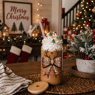 Christmas gifts for women glass tumbler 17oz - Glitter sequin reindeer bow holiday drinkware bamboo lid glass straw
White elephant gifts glitter sequin glass tumbler 17oz - Christmas reindeer bow party drinkware bamboo lid