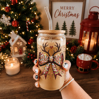 Christmas kitchen decor glass cup 17oz - Glitter sequin bow reindeer holiday tumbler with straw - Sparkly festive drinkware
17oz holiday glass tumbler - Christmas glitter bow reindeer coffee cup gifts - Sequin festive drinkware with bamboo lid