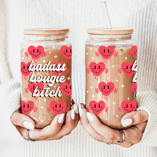 Funny wholesale glass tumblers for boss women and coworkers.
Wholesale 20oz glass cups with red smiley face candy hearts and peace sign.
Bold and empowering wholesale Valentine’s Day gifts for women.