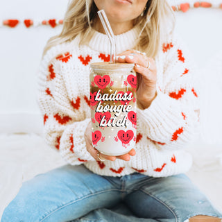 Valentine’s Day gift ideas in bulk.
Funny wholesale glass tumblers for boss women and coworkers.
Wholesale 20oz glass cups with red smiley face candy hearts and peace sign.
Bold and empowering wholesale Valentine’s Day gifts for women.