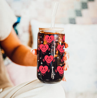 Funny Galentine’s Day gift with a modern, retro design for women.
Funny and empowering glass tumbler for your favorite boss woman.
Red smiley face candy hearts 20oz glass cup for a retro vibe.
Valentine’s Day gifts for women with a fun, empowering twist.