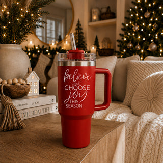 Christmas red tumbler 40oz - believe and choose joy seasonal gift
Christmas gift tumbler 40oz red - believe and choose joy holiday present
Holiday gift ideas - red Christmas tumbler believe and choose joy message
Christmas tumbler gift for women - 40oz believe and choose joy drinkware