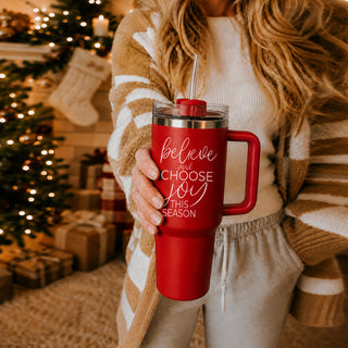 Holiday gift tumbler red featuring message
Christmas tumbler with inspirational quote 40oz
Believe Christmas Gifts, Believe Christmas quotes
40oz insulated Christmas tumbler - believe and choose joy red holiday cup
Double wall Christmas tumbler 40oz - believe and choose joy seasonal drinkware
