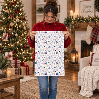 Christmas kitchen towel with ornament print
holiday tea towel with colorful ornaments
festive Christmas kitchen towel decor
seasonal ornament pattern dish towel
decorative holiday towel for kitchen
whimsical Christmas tea towel design