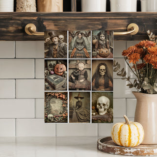 creepy halloween towel with moody portraits and jack o lanterns
unique halloween kitchen towel for horror movie lovers
gothic vintage halloween towel for dark cottagecore décor