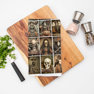 retro halloween kitchen linen with creepy family photos
unique halloween hand towel with vintage photograph collage
vintage halloween pumpkin and skull towel for moody décor
antique postcard style halloween picture towel