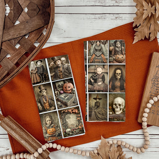 vintage halloween decor towel with spooky portraits
unique creepy halloween kitchen towel gift
retro gothic halloween skull and pumpkin dish towel