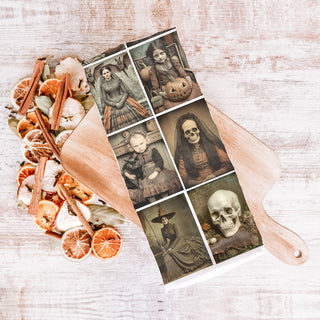 unique halloween towel with sepia witch and skull photos
vintage halloween gift idea creepy collage dish towel
antique photograph halloween towel for haunted kitchen décor