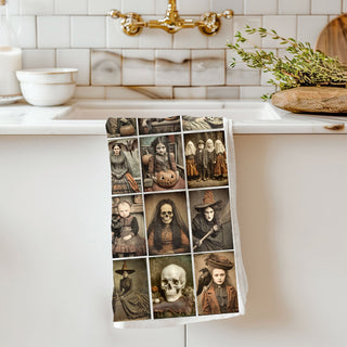 retro haunted portrait towel for dark cottagecore décor
vintage halloween collage towel for mantle or bar cart styling
antique gothic halloween linen with sepia photographs
vintage halloween character towel for eerie fall decorations