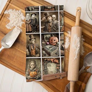 vintage halloween kitchen towel for spooky décor
unique vintage halloween dish towel gift
retro halloween flour sack towel with eerie portraits
antique style halloween kitchen towel for gothic homes
