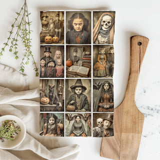 vintage style halloween skull and pumpkin kitchen towel
classic vintage halloween towel for retro fall décor
unique spooky vintage towel for halloween bathroom or kitchen
old time halloween picture towel for mantle or bar cart styling