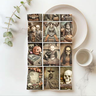 Wholesale unique vintage style skull and jack o lantern dish towel
old photograph halloween towel for spooky gallery wall look
vintage halloween art towel wrapped as gothic hostess gift
retro halloween décor accent towel in moody color palette