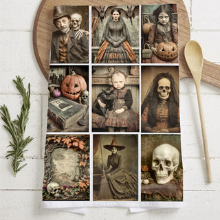 Wholesale vintage halloween picture dish towel with creepy portraits
gothic halloween flour sack kitchen towel with skulls and witches
creepy victorian photo collage halloween tea towel
spooky vintage portrait towel for halloween kitchen décor