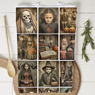 halloween dish towel with eerie family photos and pumpkins
victorian witch and skull print halloween kitchen towel
old fashioned halloween photo towel hanging on oven handle
vintage gothic halloween towel with black cat and skull