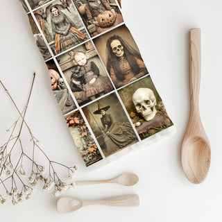 vintage halloween hand towel with creepy family portraits
antique style witch and black cat halloween gift towel
vintage-inspired halloween skull towel for horror movie fans
spooky halloween flour sack towel for vintage kitchen décor