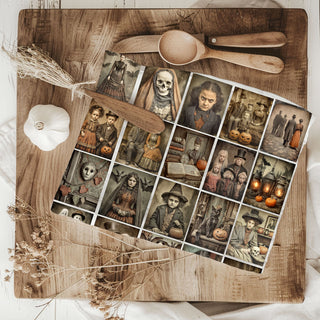 dark academia halloween towel with old photos and skulls
victorian halloween art towel for moody fall kitchen
horror themed vintage photo collage towel 
spooky season kitchen towel with gothic halloween imagery
unique vintage halloween wall hanging towel on decorative ladder