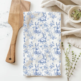 blue toile bunny towel for farmhouse kitchen
springtime bunny and butterfly print towel
decorative bunny kitchen hand towel cotton
bunny print flour sack towel for spring retail
easter kitchen towel blue and white
spring bunny towel for easter decor
easter bunny tea towel cotton