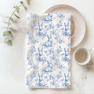 Blue and white bunny toile kitchen towel on wooden cutting board
Easter spring flour sack cotton dish towel with rabbit pattern
French country blue bunny kitchen towel farmhouse decor
blue floral easter home decor towel
bunny print towel for spring kitchen styling
springtime bunny and butterfly towel