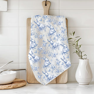 Toile pattern kitchen towel with bunnies and florals
Blue white cottagecore kitchen towel Easter decor
Absorbent flour sack cotton dish towel bunny design
easter gift idea kitchen towel
bunny themed spring hostess gift
blue toile easter decor ideas