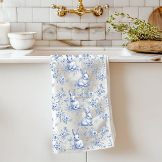 Elegant bunny dish towel blue white French style
Easter brunch kitchen towel blue rabbit toile pattern
Blue white spring decor bunny flour sack towel