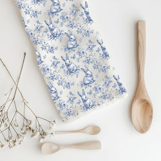 Toile de jouy bunny pattern kitchen towel blue
Easter kitchen linen blue bunny floral butterfly design
French provincial blue white bunny dish towel