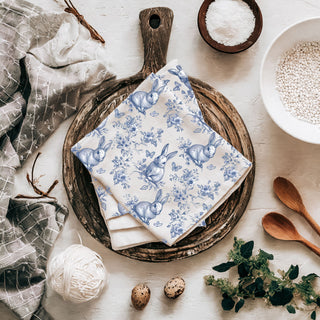 Cottage style flour sack towel Easter bunny design
Classic toile pattern dish towel blue bunnies flowers
Easter home decor blue white bunny kitchen towel