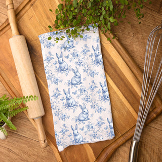 Cottage kitchen towel Easter bunny toile blue
Farmhouse Easter decor blue white bunny tea towel
Blue rabbit floral kitchen towel spring cottage style